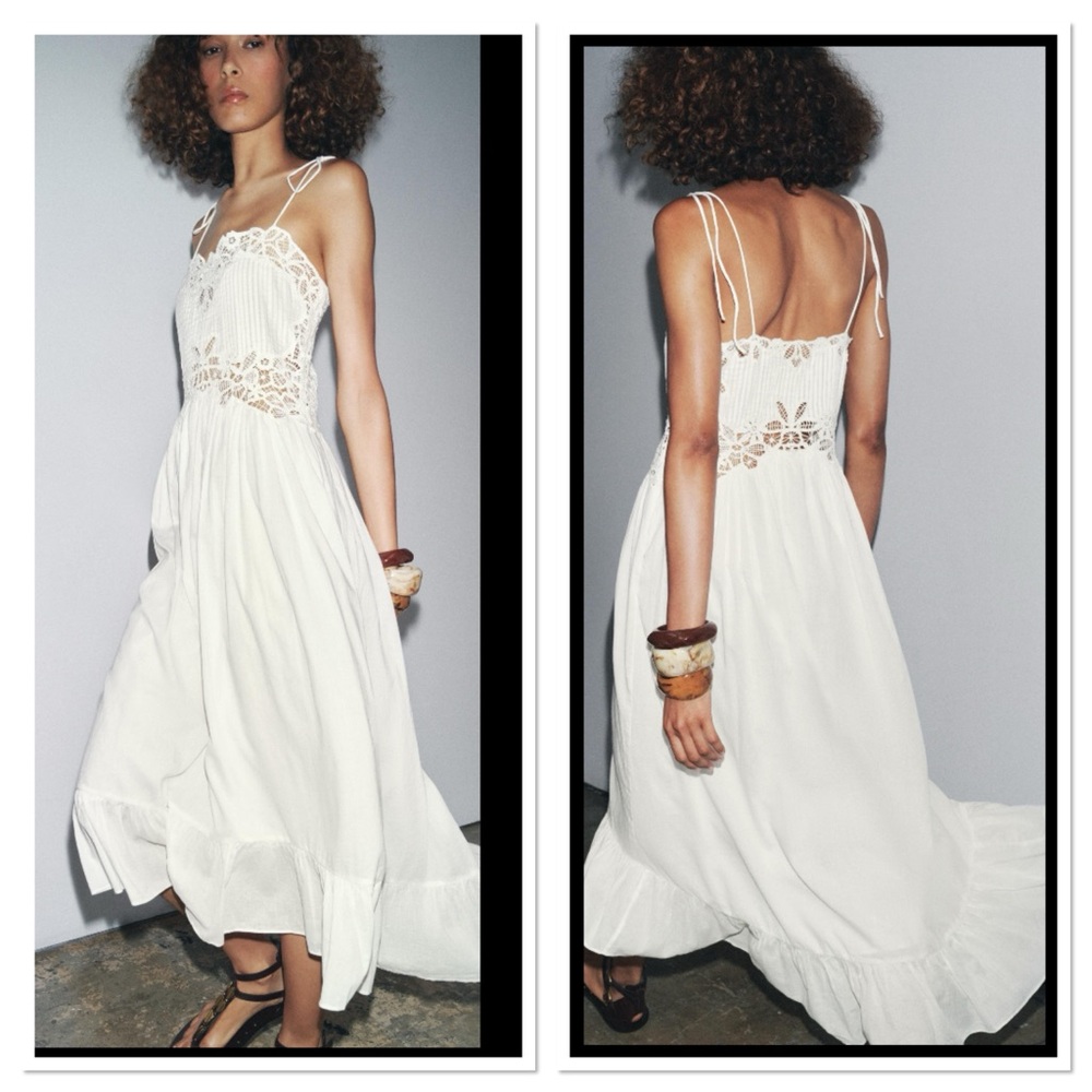 Zara White Lace Appliqué Embroidered Midi Dress Sz:M White